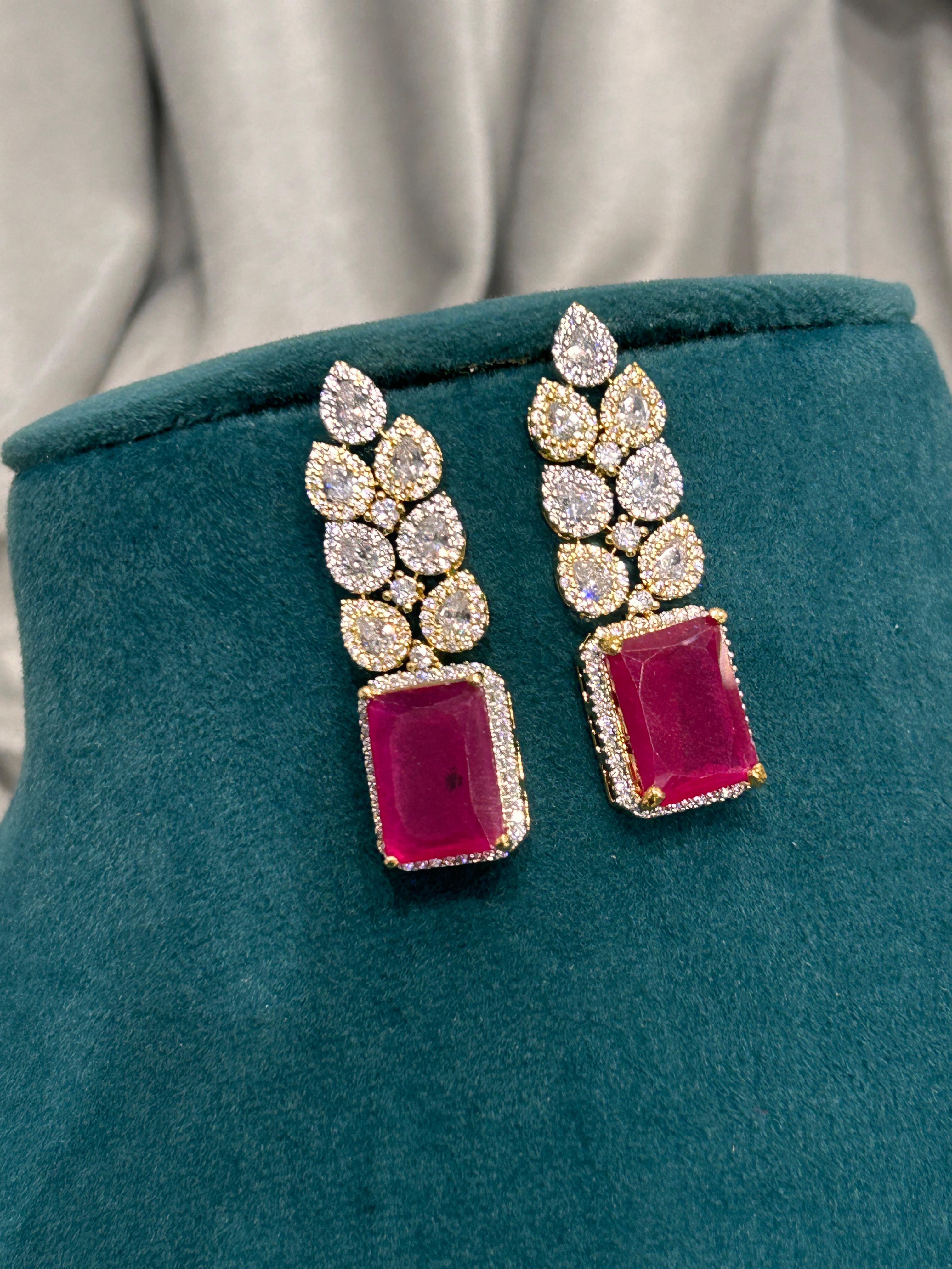 Ruby Stone Choker Necklace Set – Gold Finish with CZ Diamonds